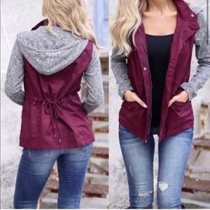 Burgundy Utility Jacket with Gray Hoodie